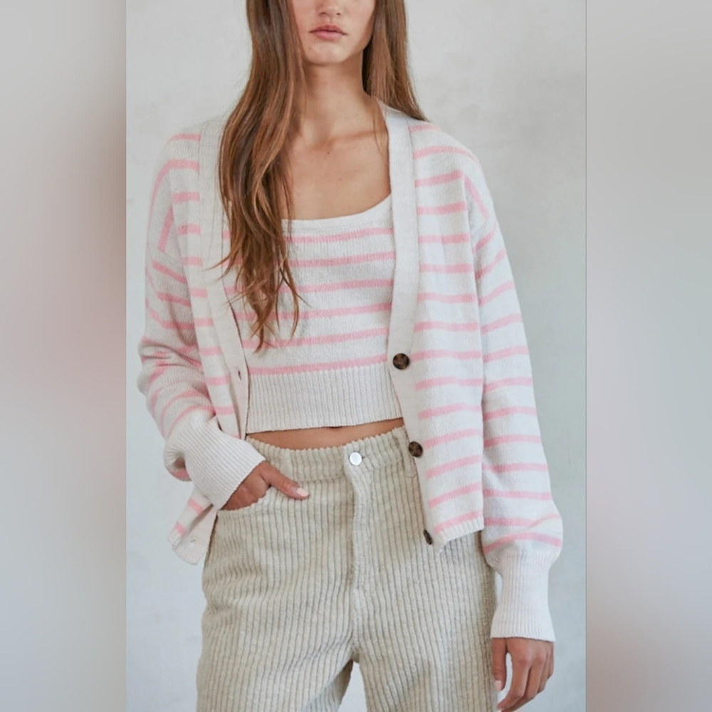 Striped Pink and Cream Women's Sweater Cardigan Set